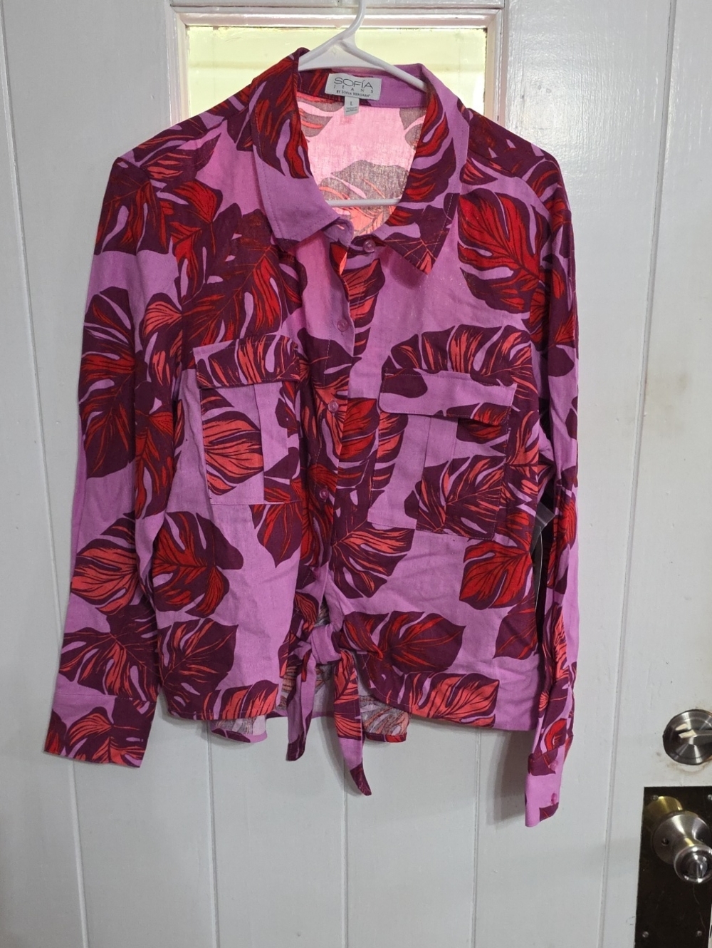 NWT Sofia Vergara Women's Linen Blend Blouse Colorful Tropical Ties Sz L